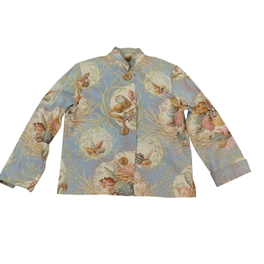 Painted Pony Jacket Womens Small Blue‎ Seashell Print Wood Button Front Made USA